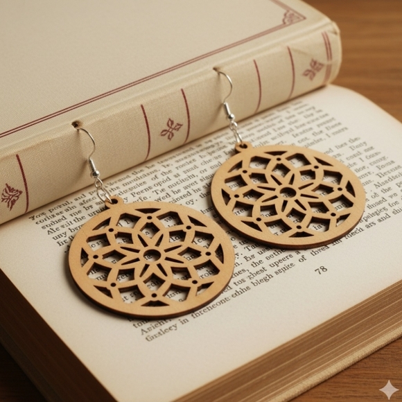 Round finished wood mandala earrings, personalized laser cut earrings 2.7 Inches - Picture 3 of 6